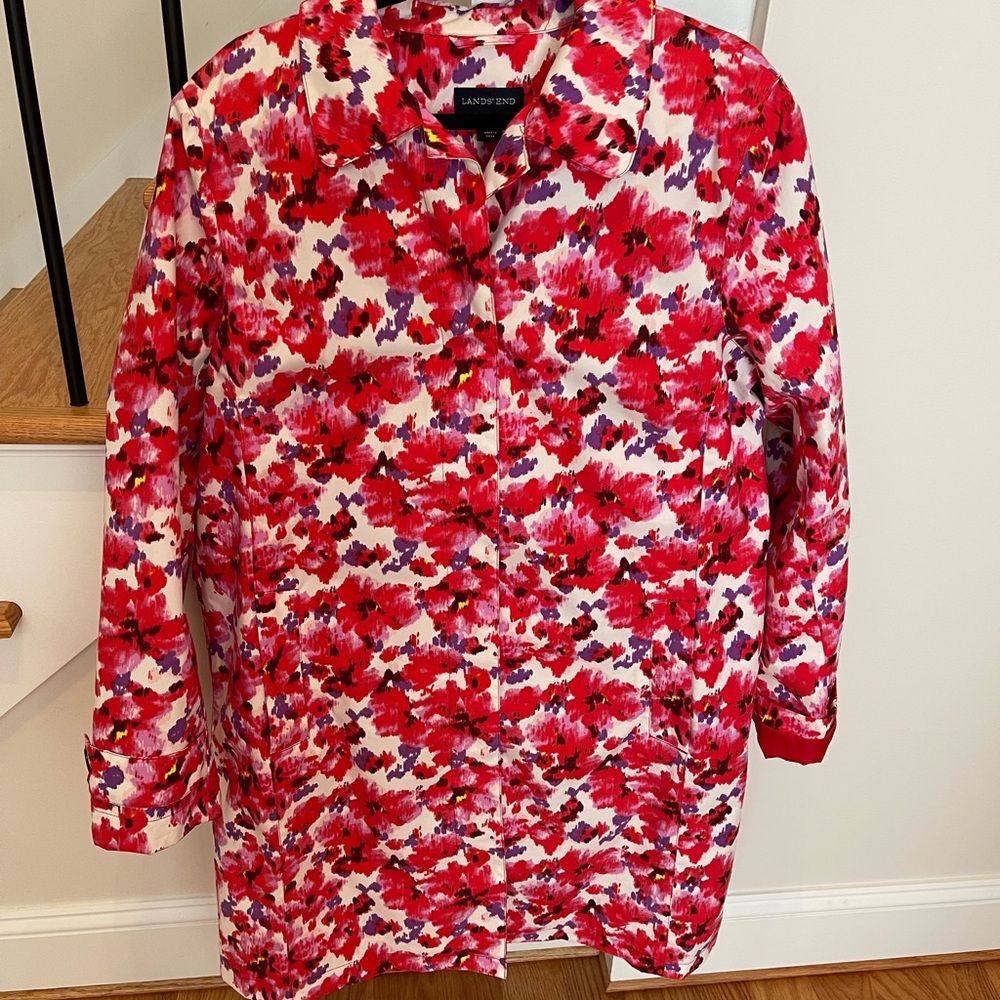 Lands' End Red and Purple Floral Trench Coat